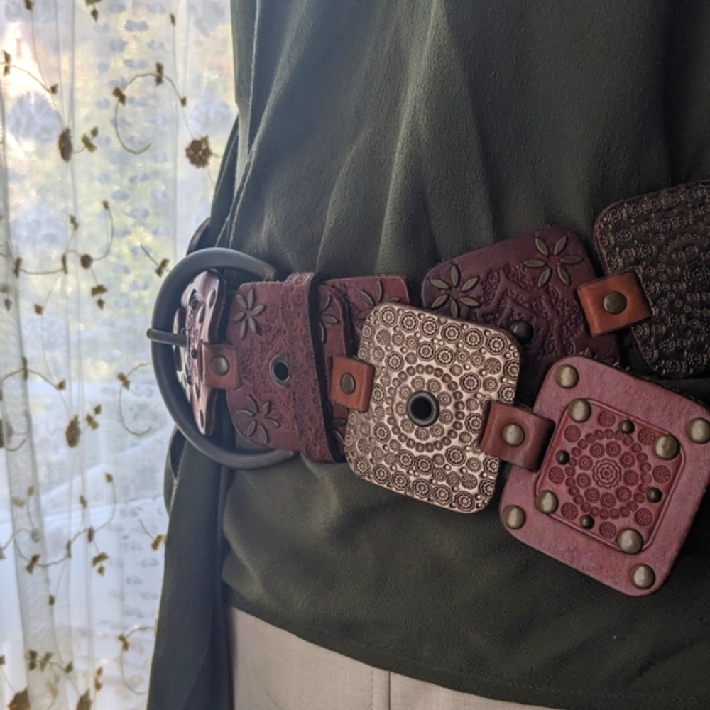 Belt Leather Metallic Brown Patterned Squares